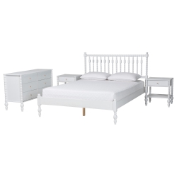 Baxton Studio Denita Spindle 4-Piece Bedroom Set - Farmhouse Platform Bed with Matching Dresser and 1-Drawer Nightstands, White, Queen
